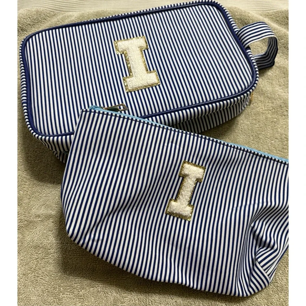 2 NEW Navy Blue & White Striped Fabric Bags Zipper, Makeup, Craft, Monogram 'I'